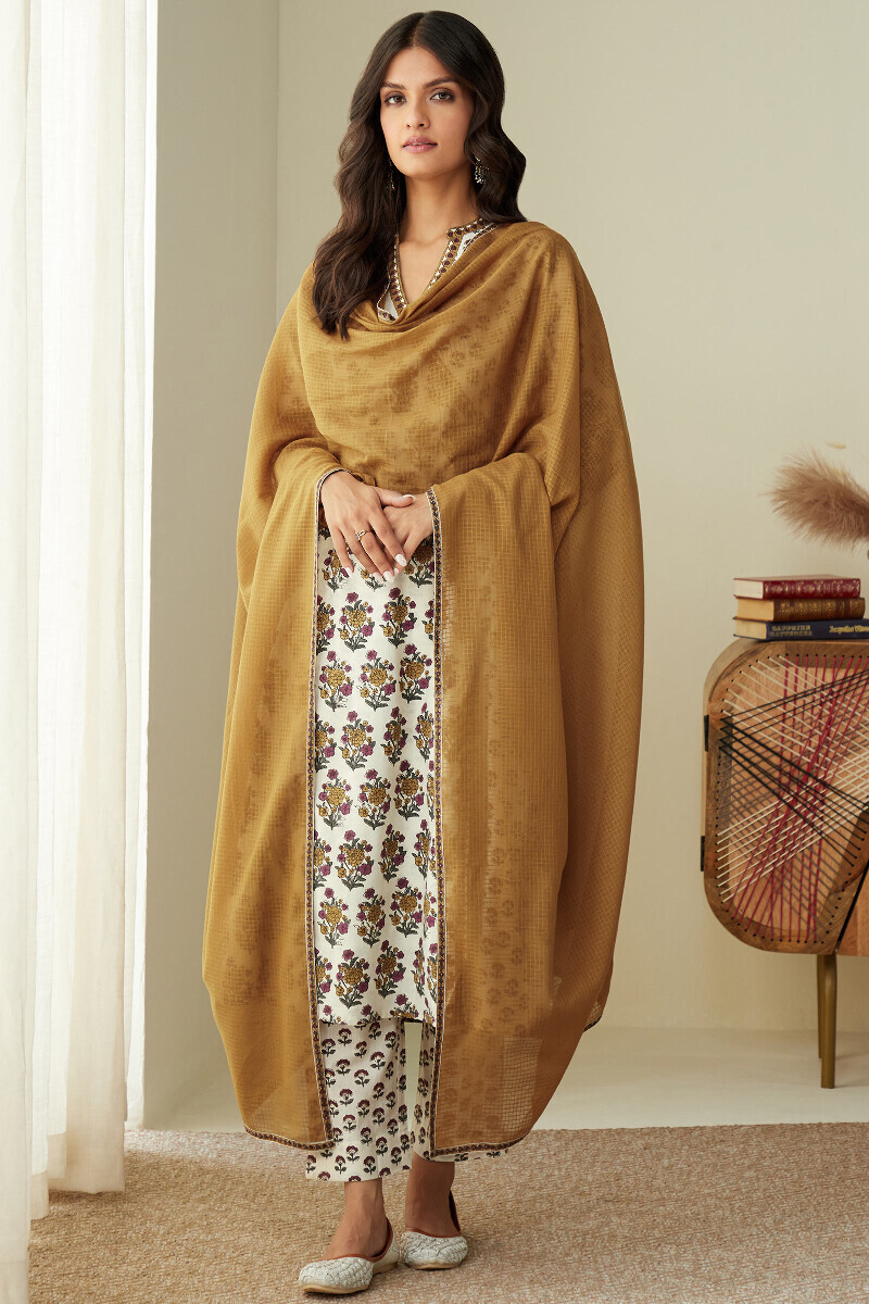 Cream Hand Printed Cotton Narrow Pants