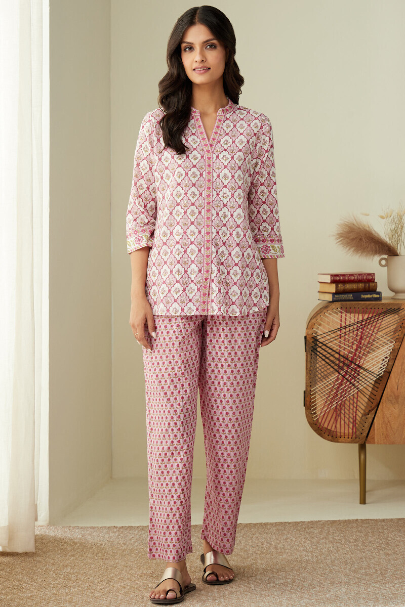 White Hand Printed Straight Cotton Dobby Loungewear Set