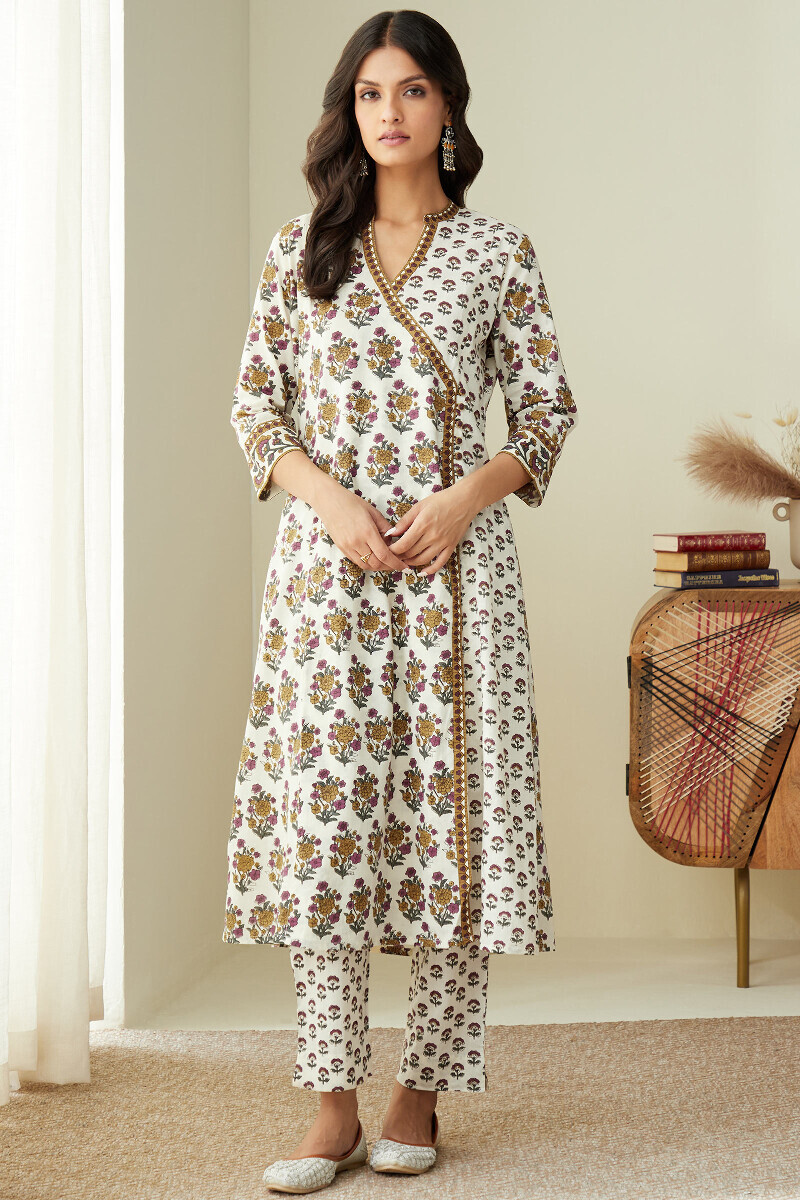 Cream Hand Printed Angrakha Cotton Kurta