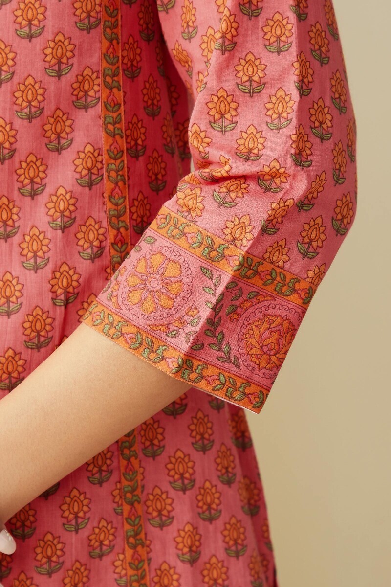 Pink Hand Printed Straight Cotton Kurta