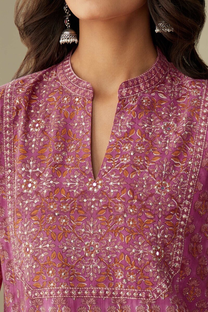 Purple Hand Block-Printed Straight Cotton Kurta