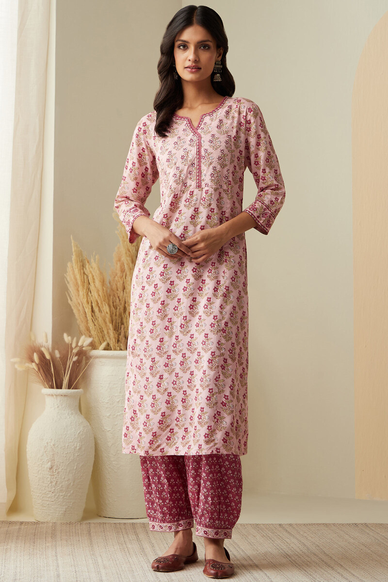 Pink Hand Printed Straight Viscose Kurta