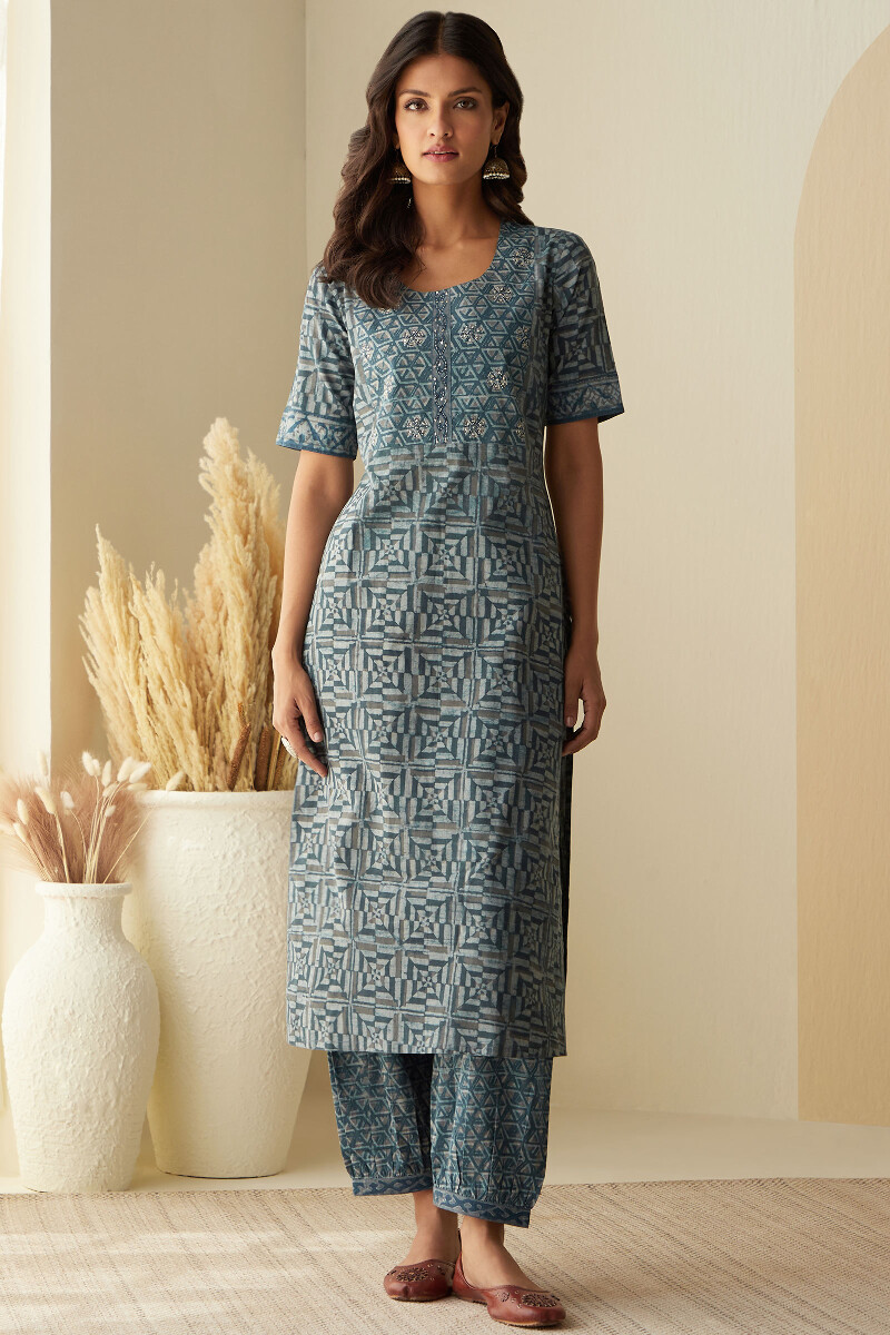 Akola Hand Block-Printed Straight Cotton Kurta