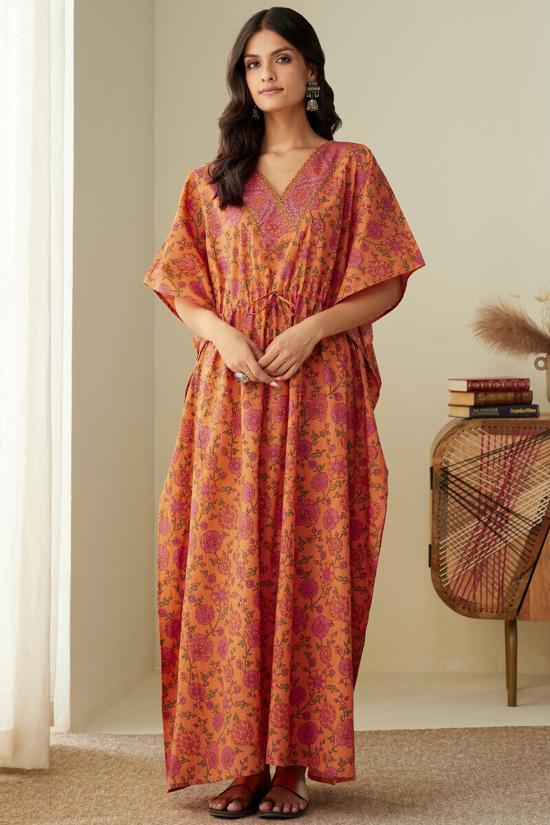 Orange Hand Printed Cotton Mul Kaftan