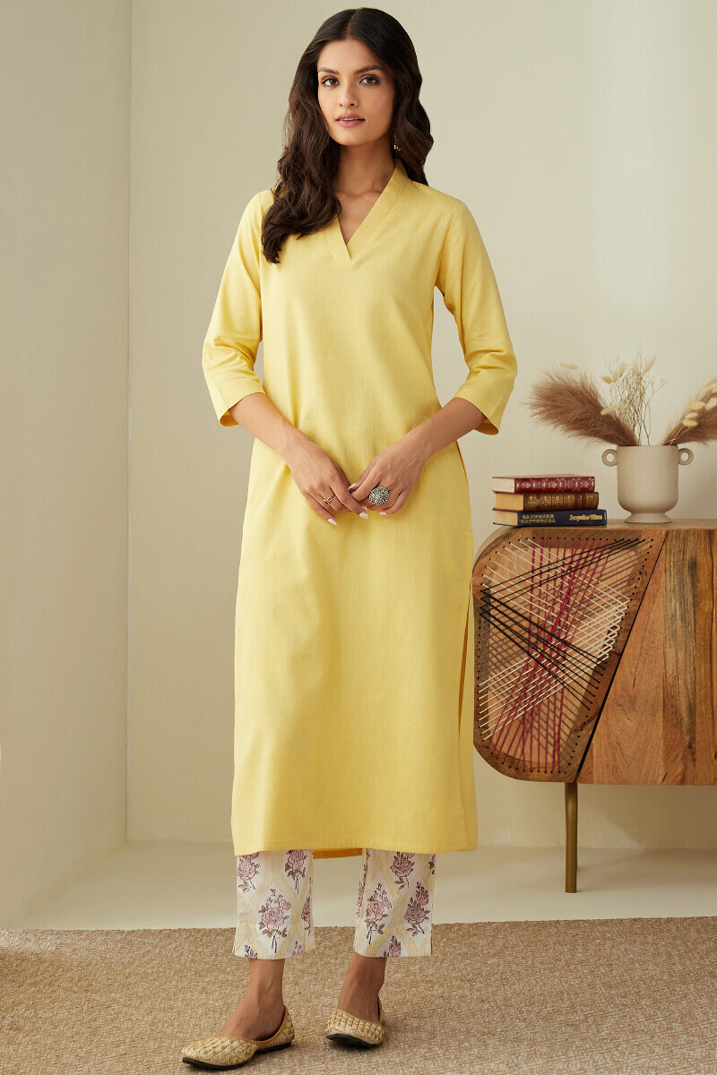 Yellow Handcrafted Straight Cotton Flax Kurta