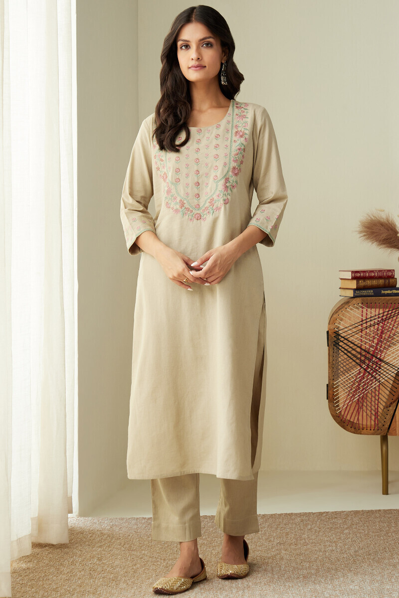 Beige Handcrafted Straight Cotton Flax Kurta