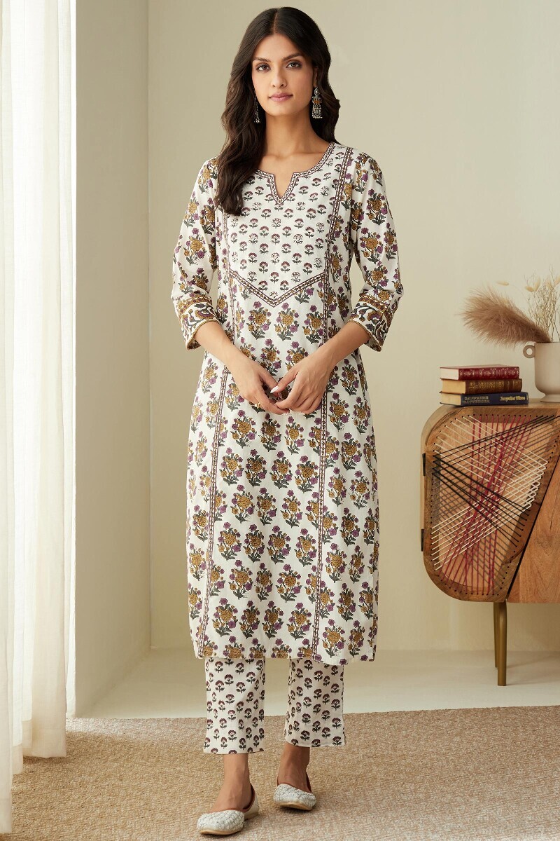 Cream Hand Printed Straight Cotton Kurta