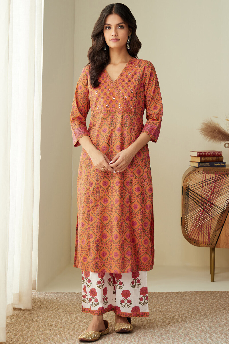 Orange Hand Printed Straight Cotton Kurta