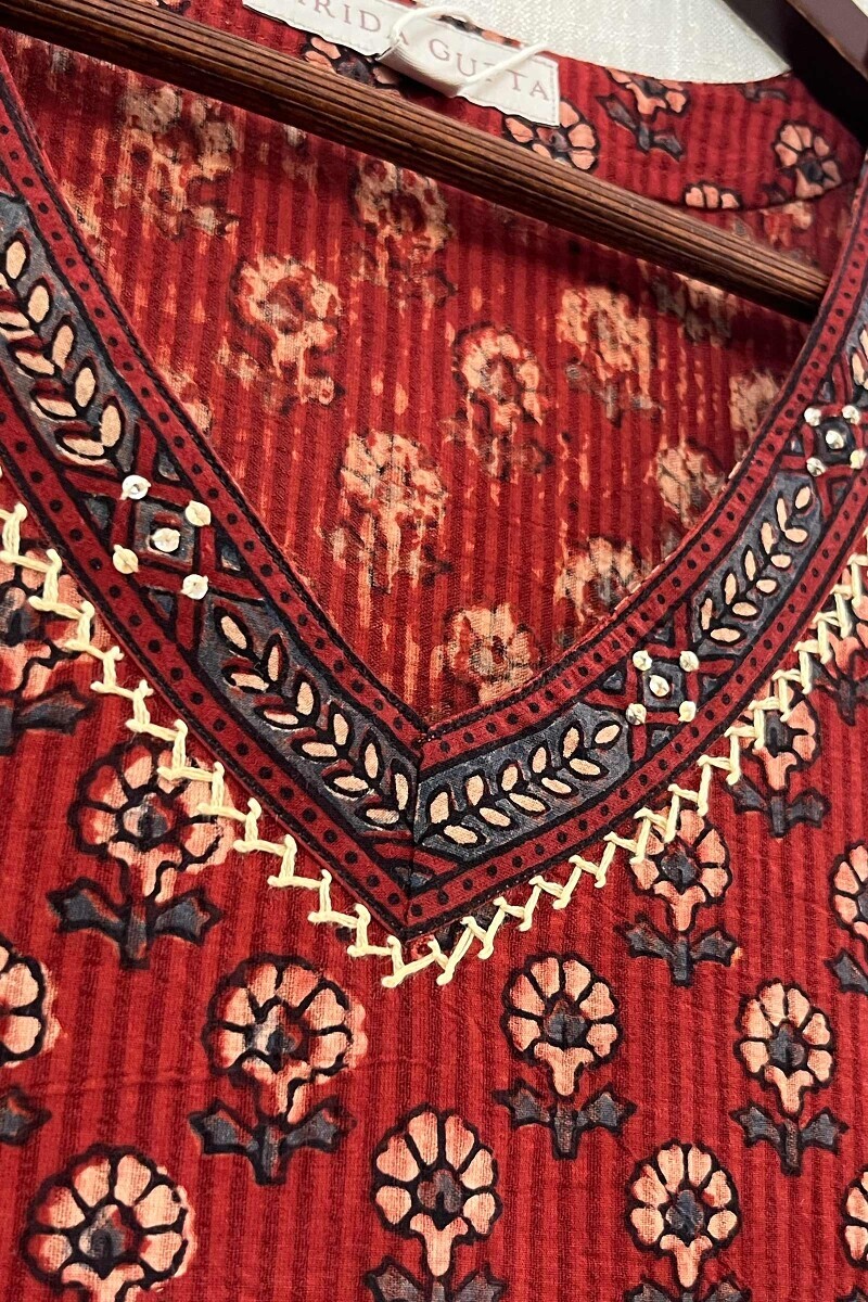 Ajrak Hand Block-Printed Straight Cotton Dobby Kurta