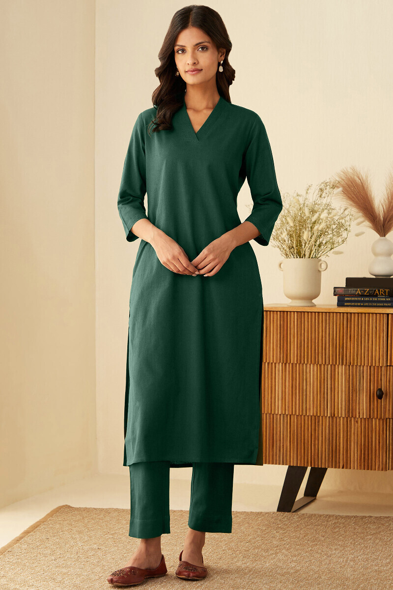 Green Handcrafted Straight Cotton Flax Kurta