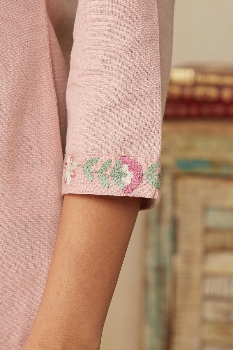 Pink Handcrafted Straight Cotton Flax Kurta