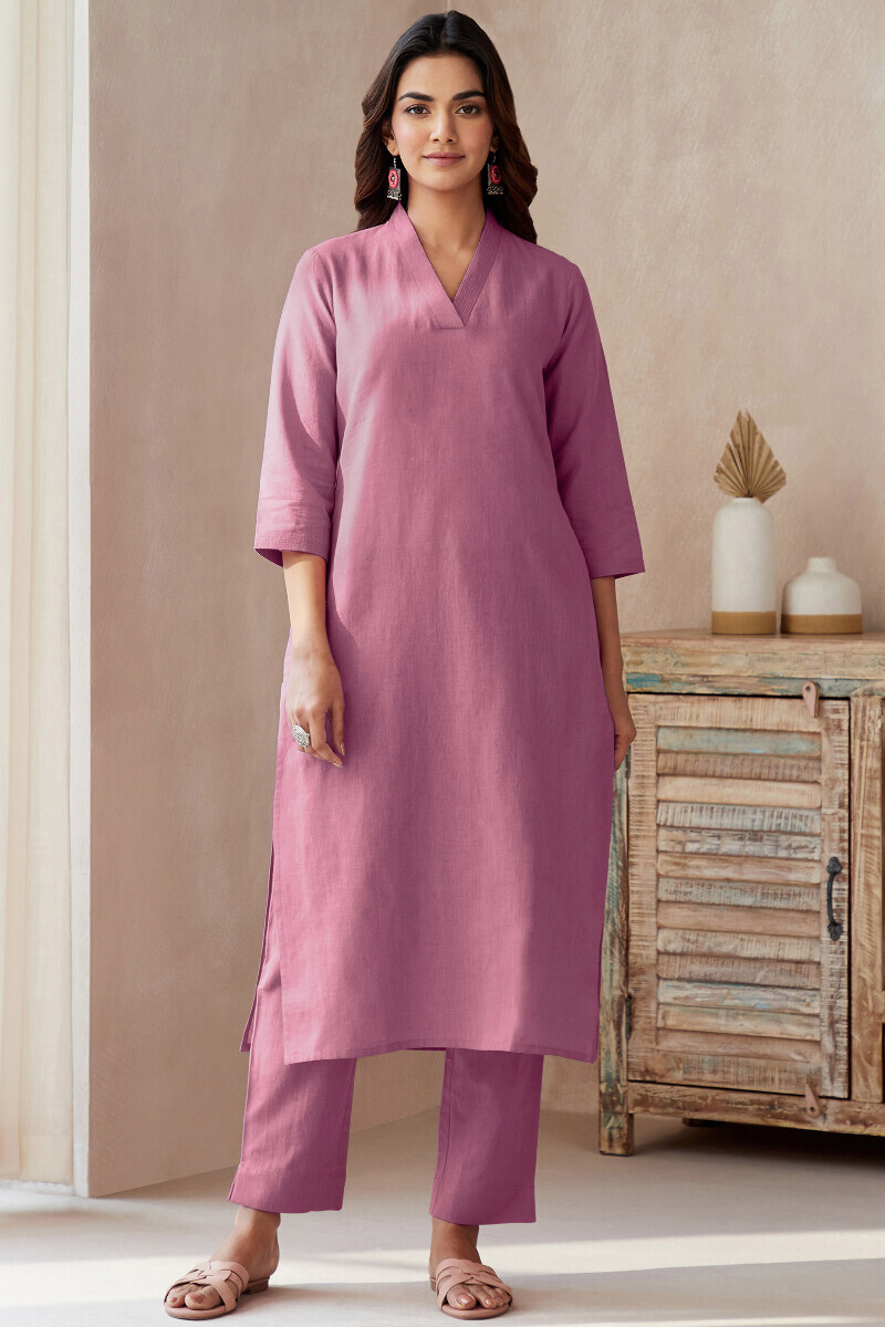Purple Handcrafted Cotton Flax Narrow Pants