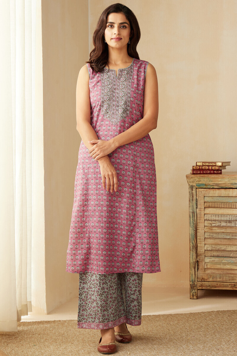 Pink Hand Printed Straight Cotton Kurta
