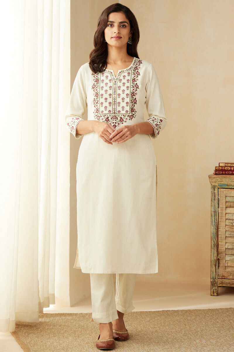 Off-White Handcrafted Straight Cotton Flax Kurta