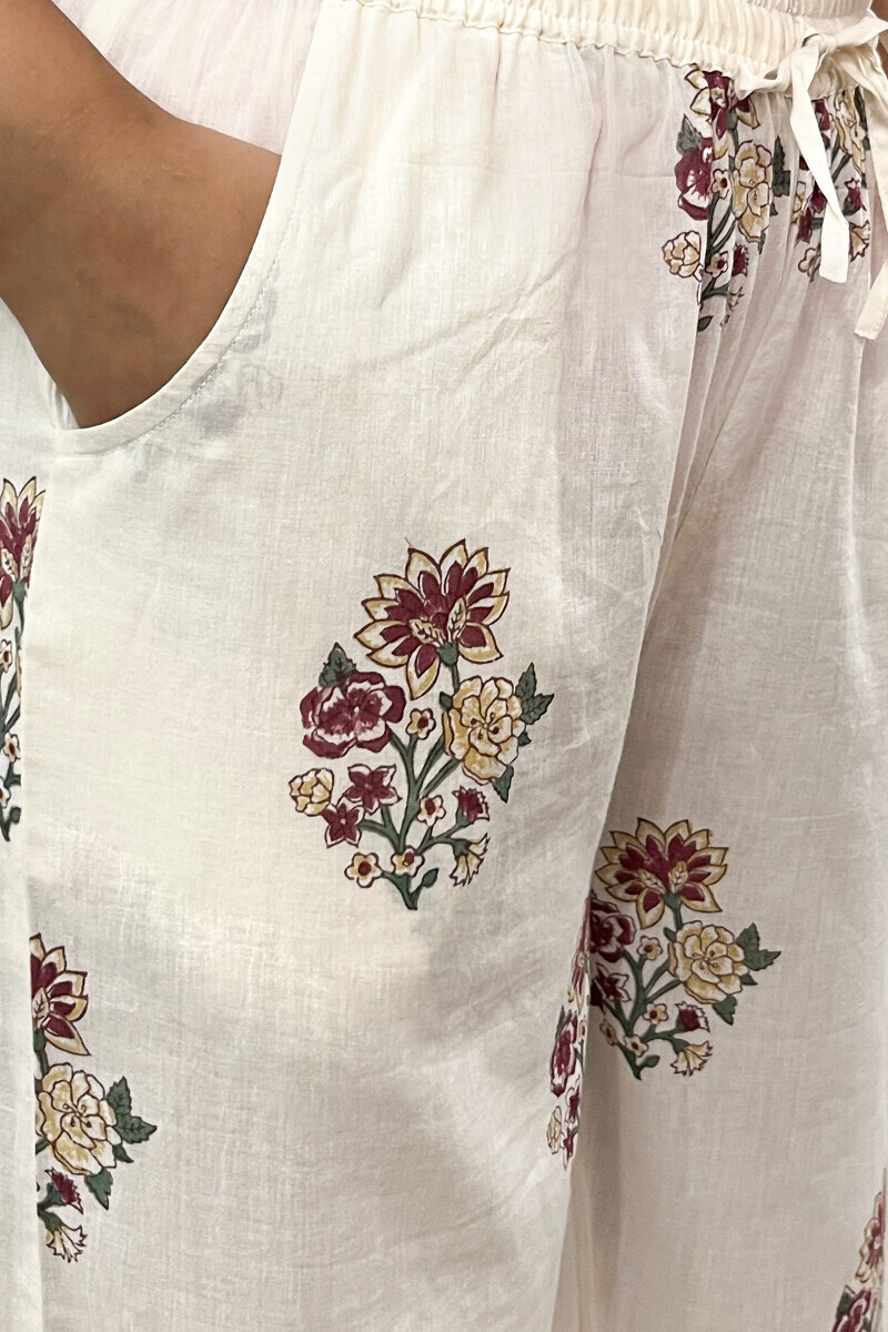 White Hand Printed Cotton Palazzo