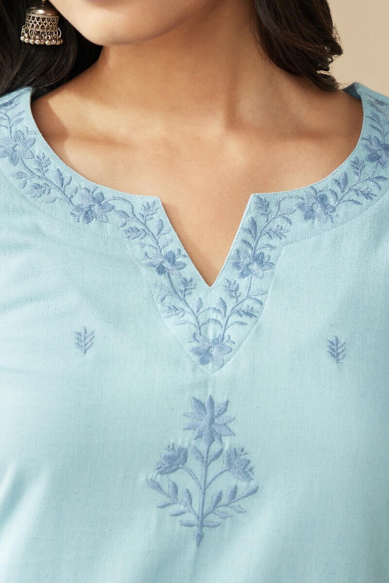 Blue Handcrafted Straight Cotton Flax Kurta