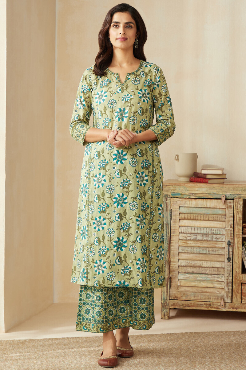 Green Hand Printed Straight Cotton Dobby Kurta