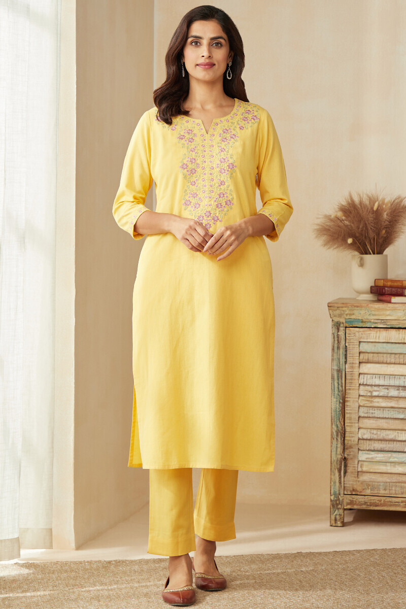 Yellow Handcrafted Straight Cotton Flax Kurta