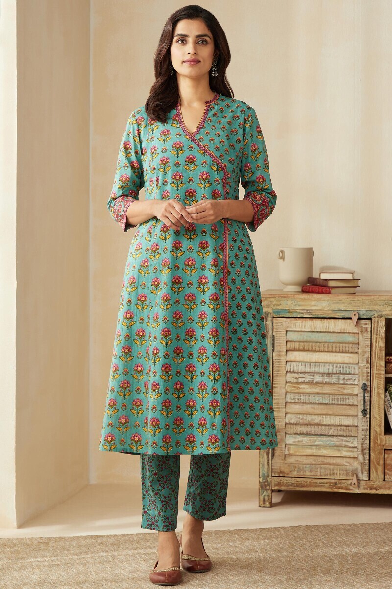 Blue Hand Printed Angrakha Cotton Kurta