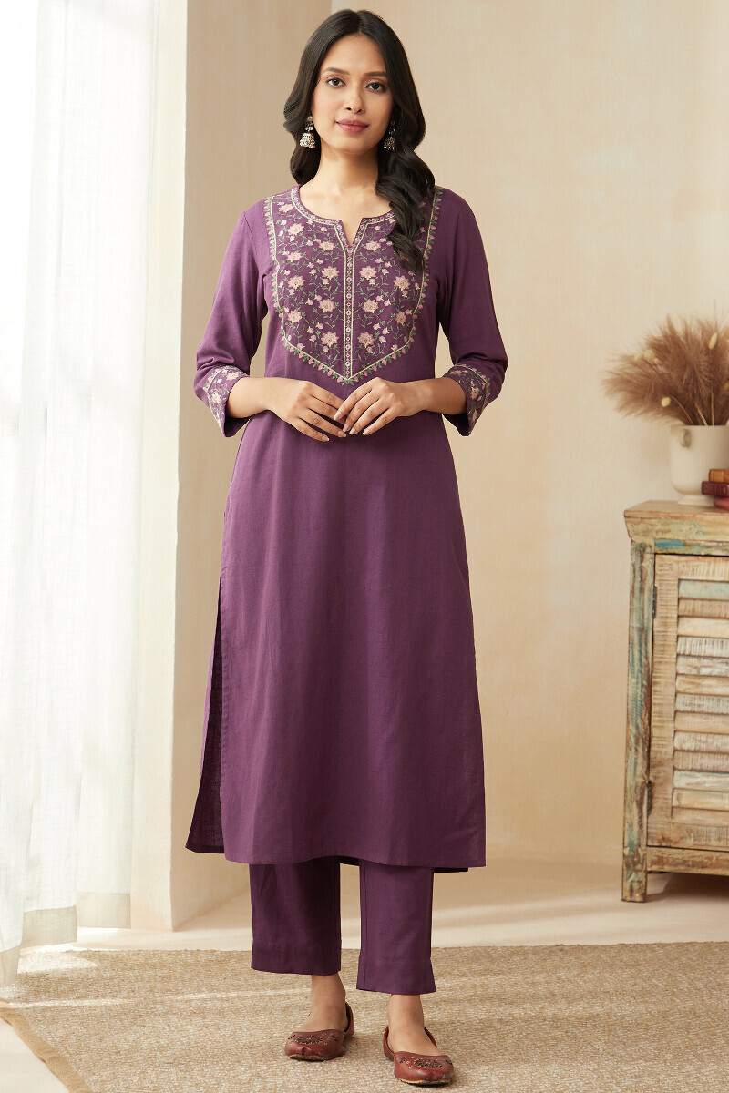 Dark Purple Handcrafted Straight Cotton Flax Kurta
