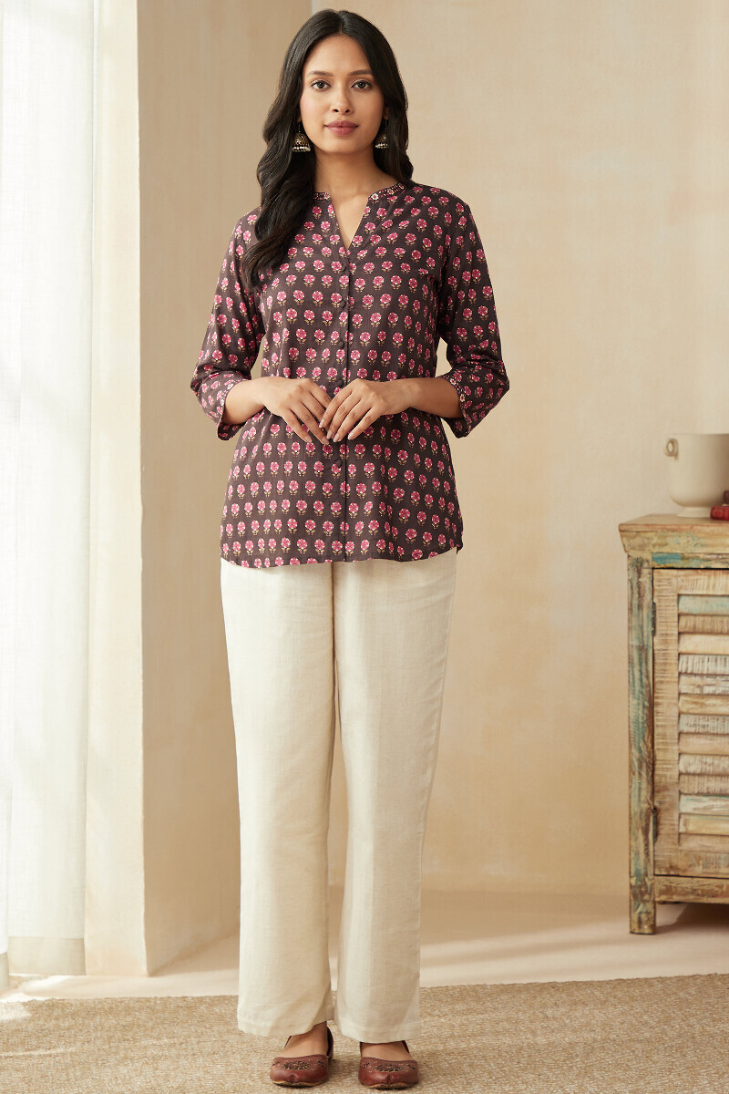 Brown Hand Printed Cotton Top