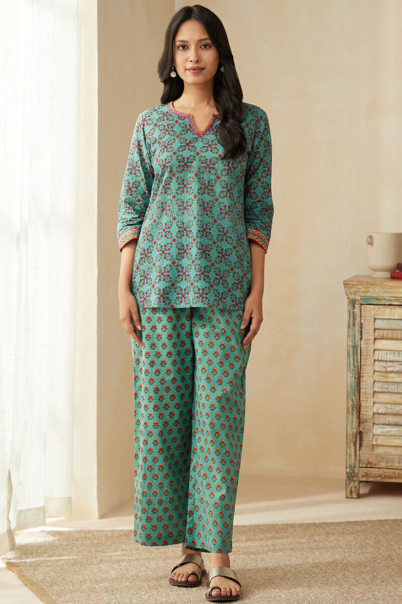 Blue Hand Printed Cotton Loungewear Set
