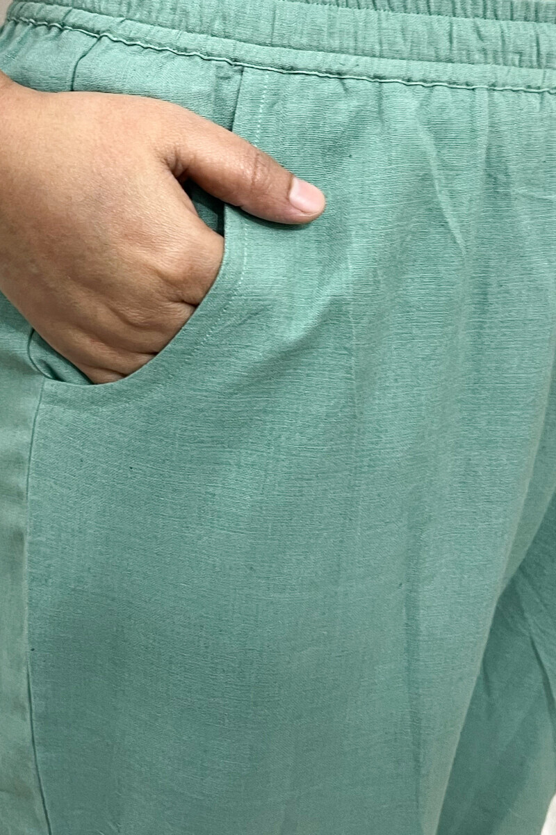 Green Handcrafted Cotton Flax Narrow Pants