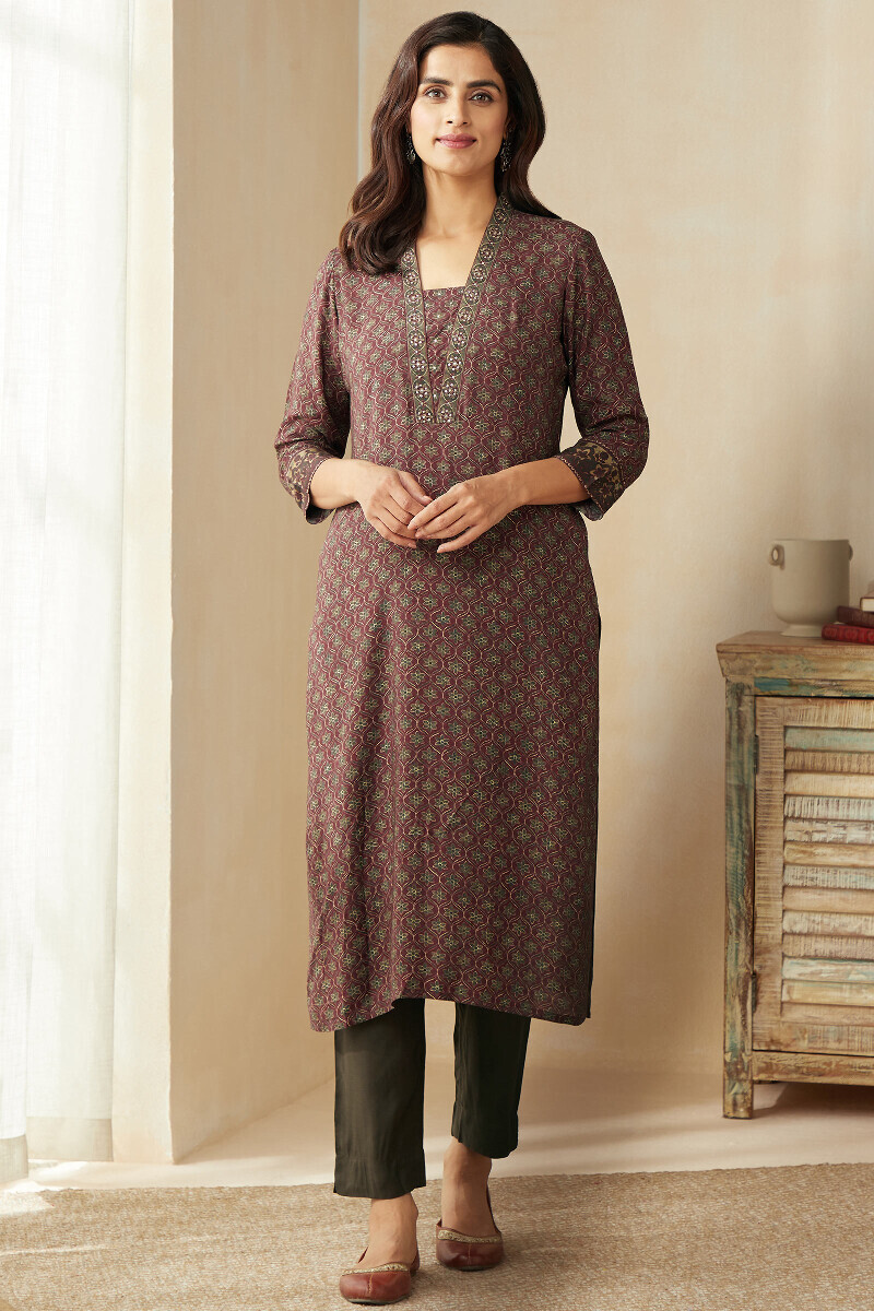 Maroon Printed Straight Viscose Kurta