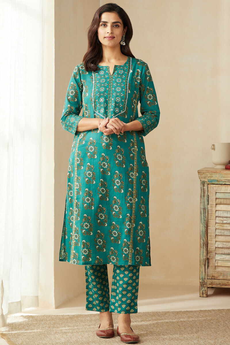 Teal Hand Printed Straight Cotton Dobby Kurta
