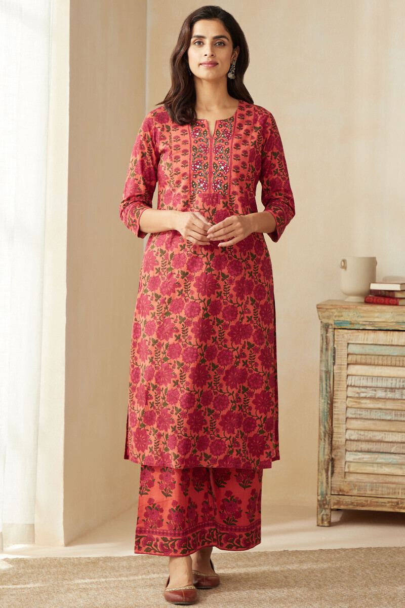 Orange Hand Printed Straight Cotton Kurta