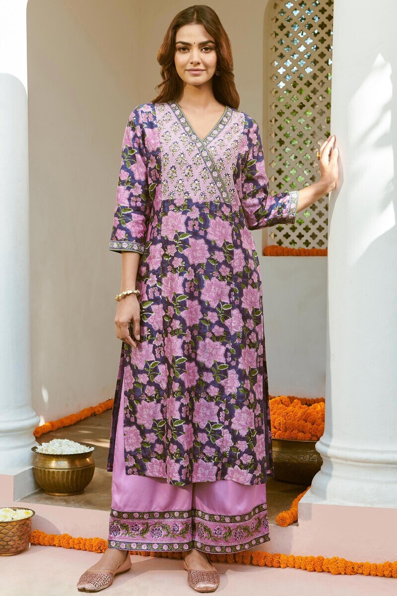 Purple Hand Block-Printed Straight Chanderi Kurta