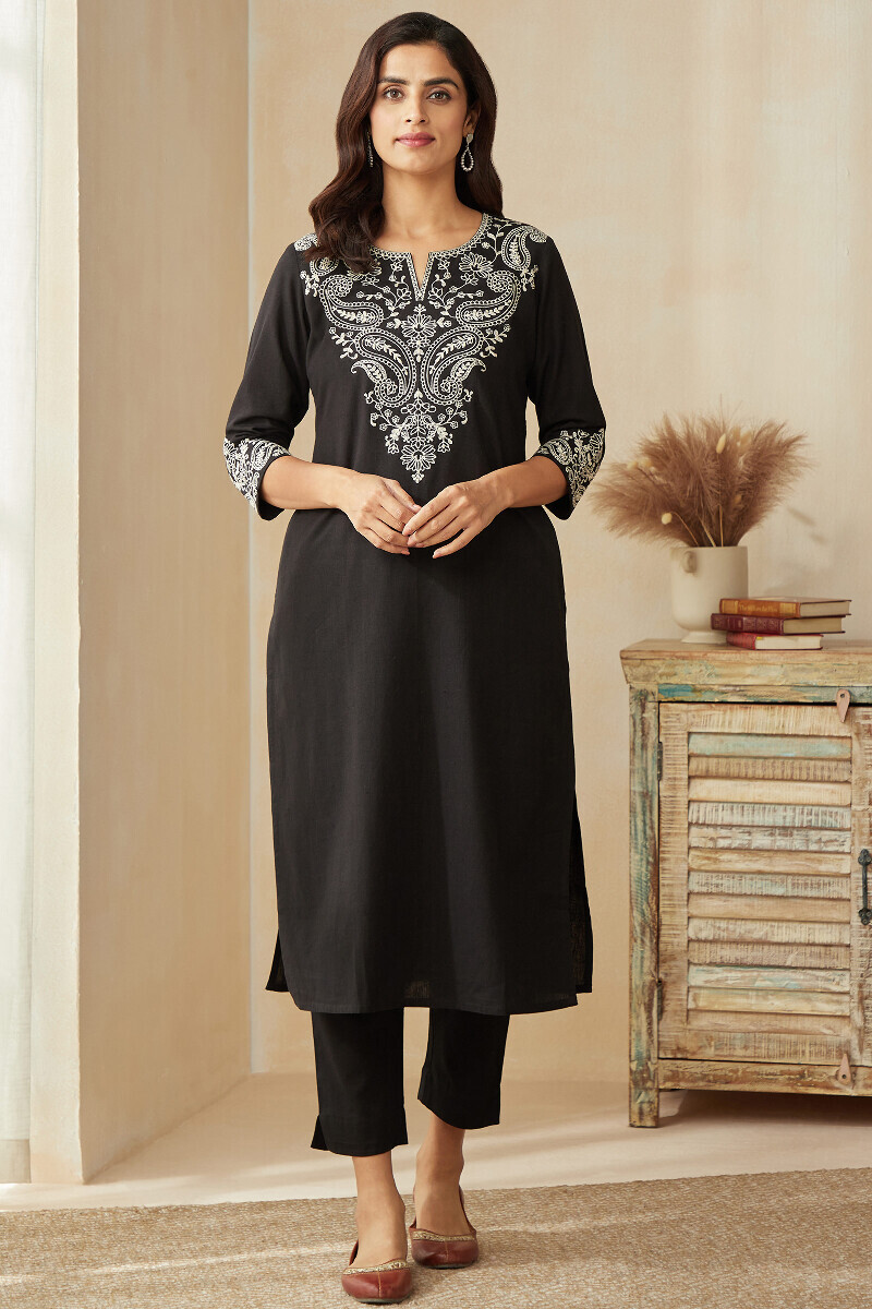 Black Handcrafted Straight Cotton Flax Kurta
