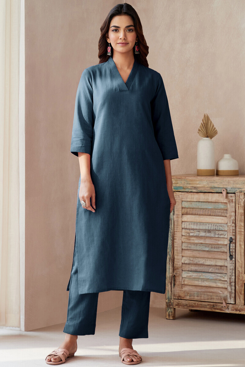 Midnight Blue Handcrafted Cotton Flax Narrow Pants