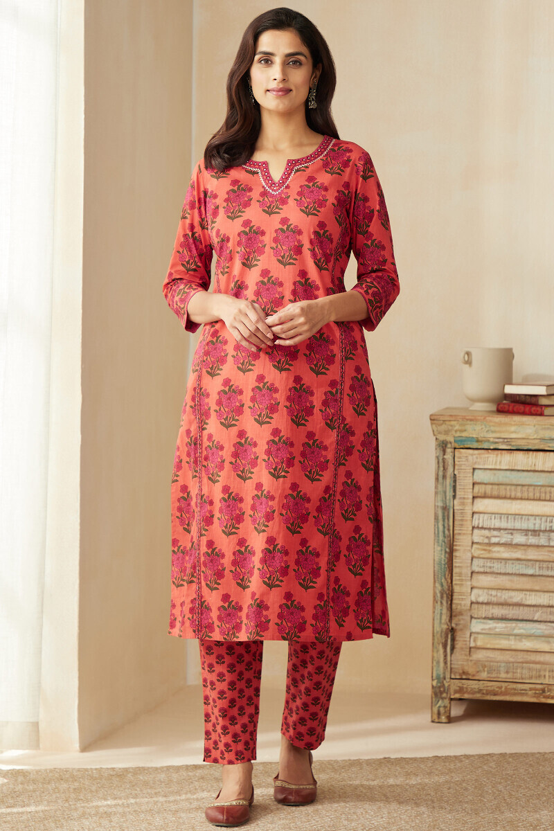 Orange Hand Printed Straight Cotton Kurta