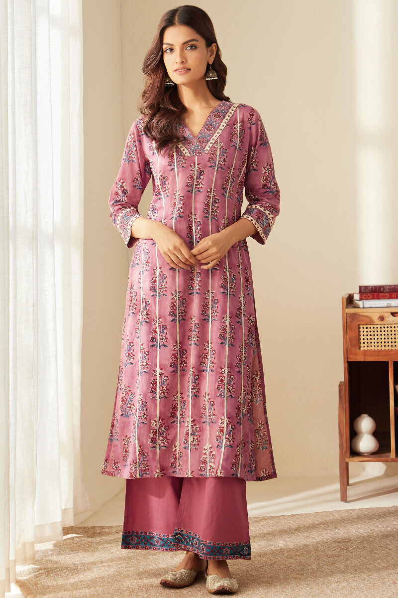 Purple Hand Block-Printed Straight Cotton Kurta
