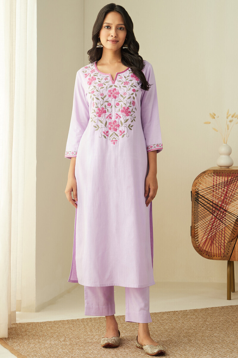 Purple Handcrafted Straight Cotton Flax Kurta