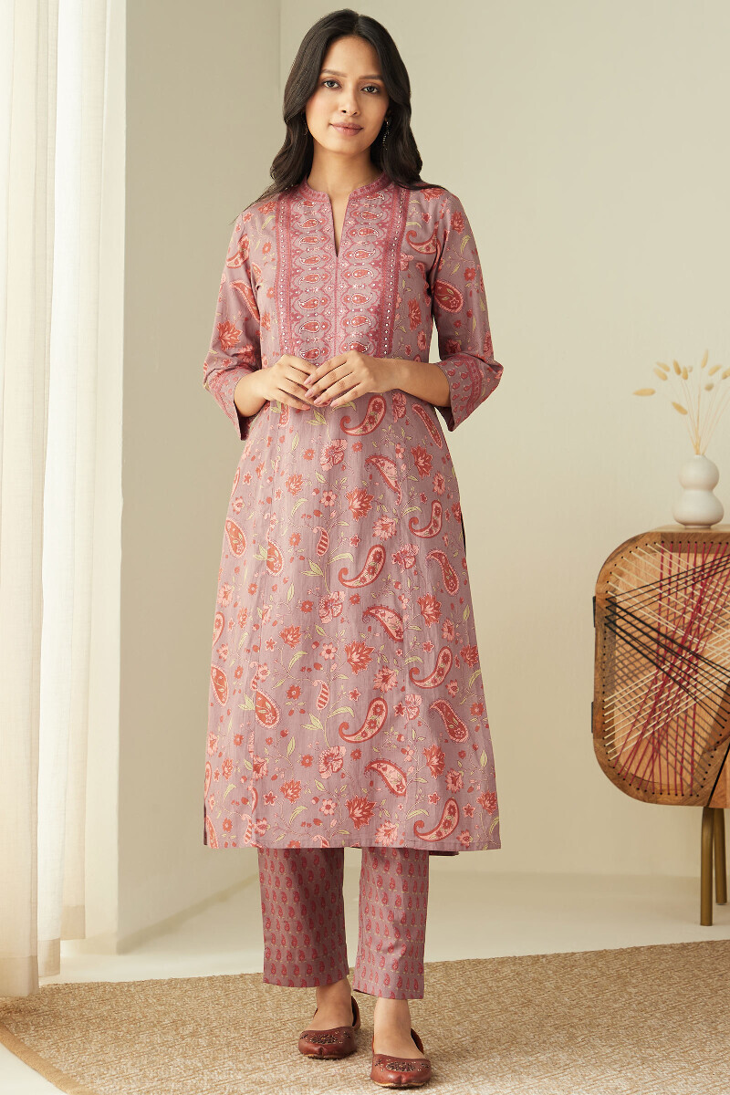 Mauve Hand Printed Straight Cotton Kurta