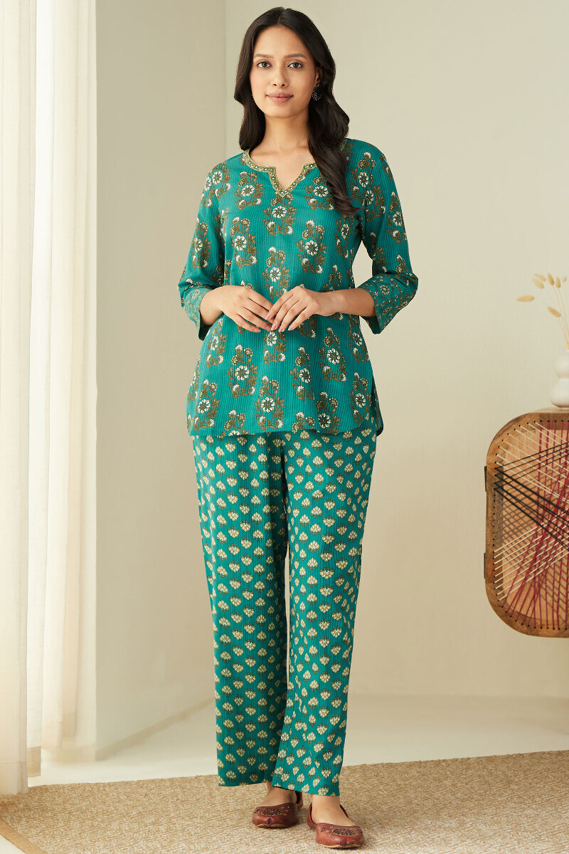 Teal Hand Printed Cotton Dobby Loungewear Set