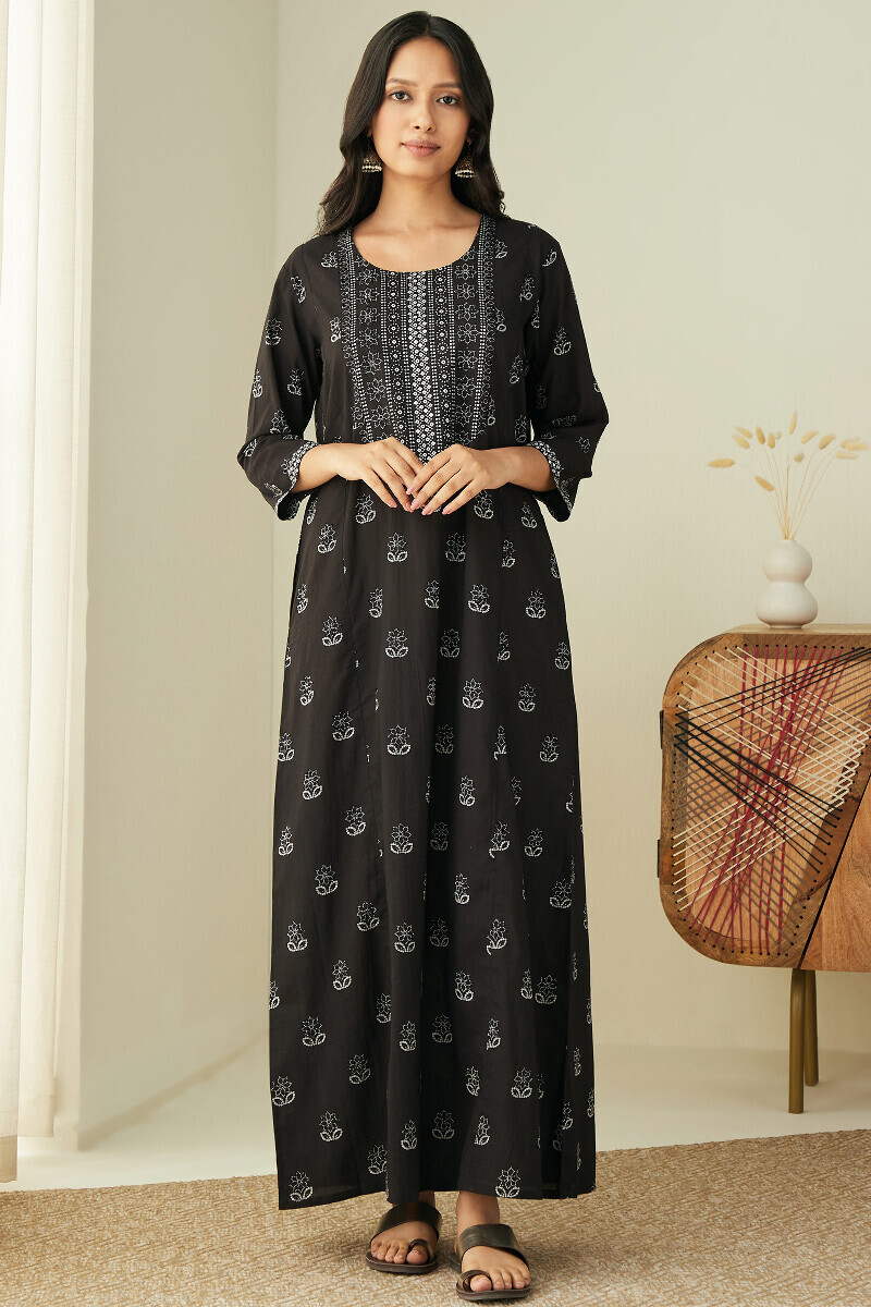 Black Hand Printed Cotton Kaftan