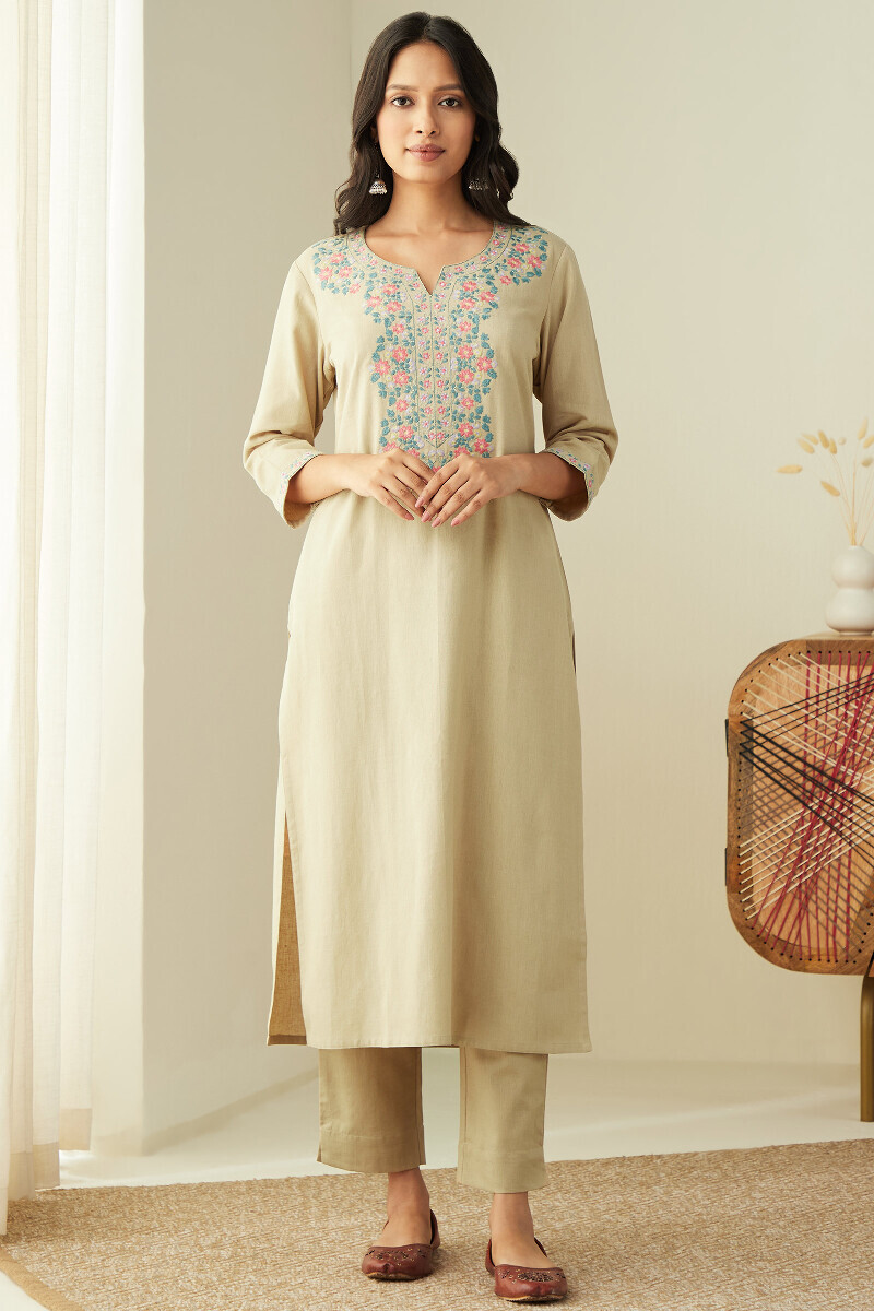 Beige Handcrafted Straight Cotton Flax Kurta