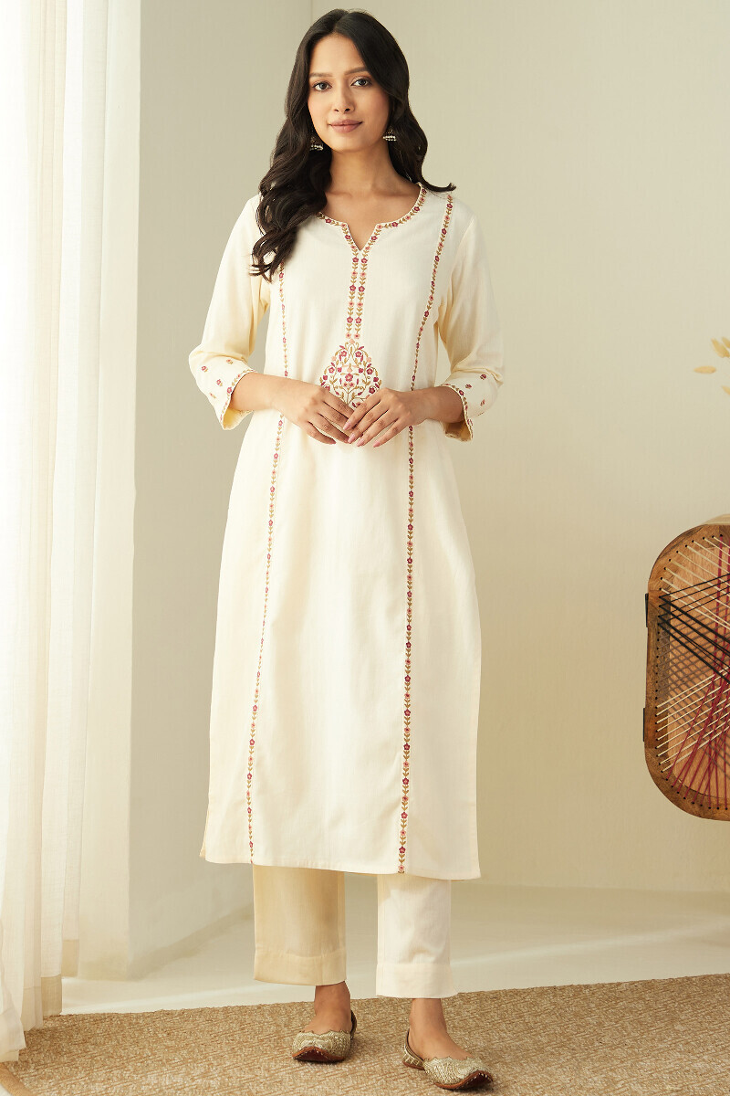 Cream Handcrafted Straight Cotton Flax Kurta