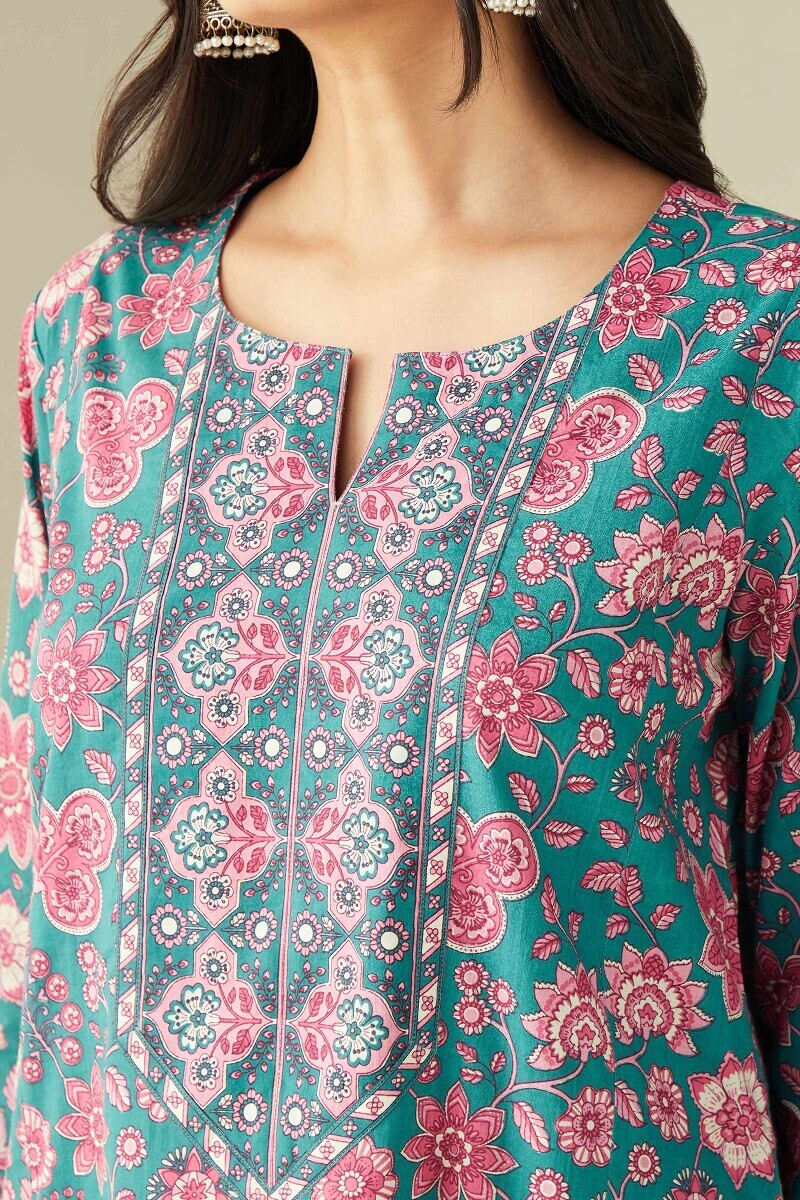 Green Hand Printed Cotton Kaftan