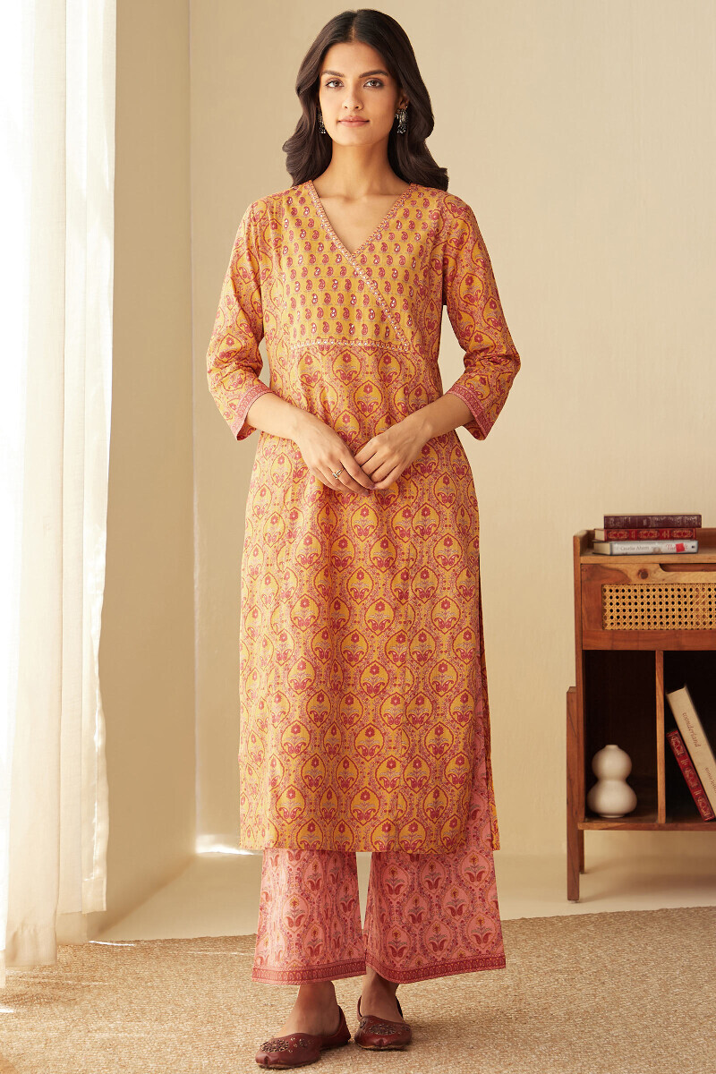 Mustard Hand Printed Straight Cotton Kurta