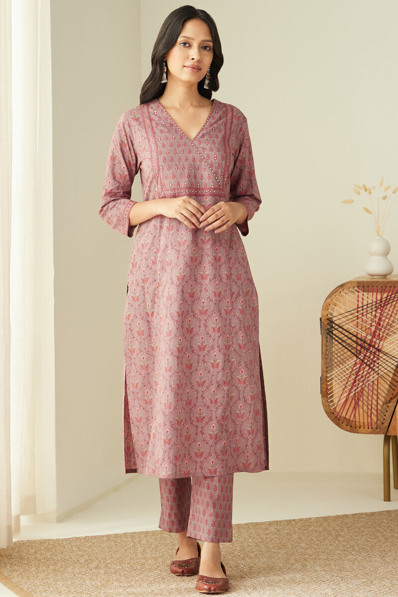 Mauve Hand Printed Straight Cotton Kurta
