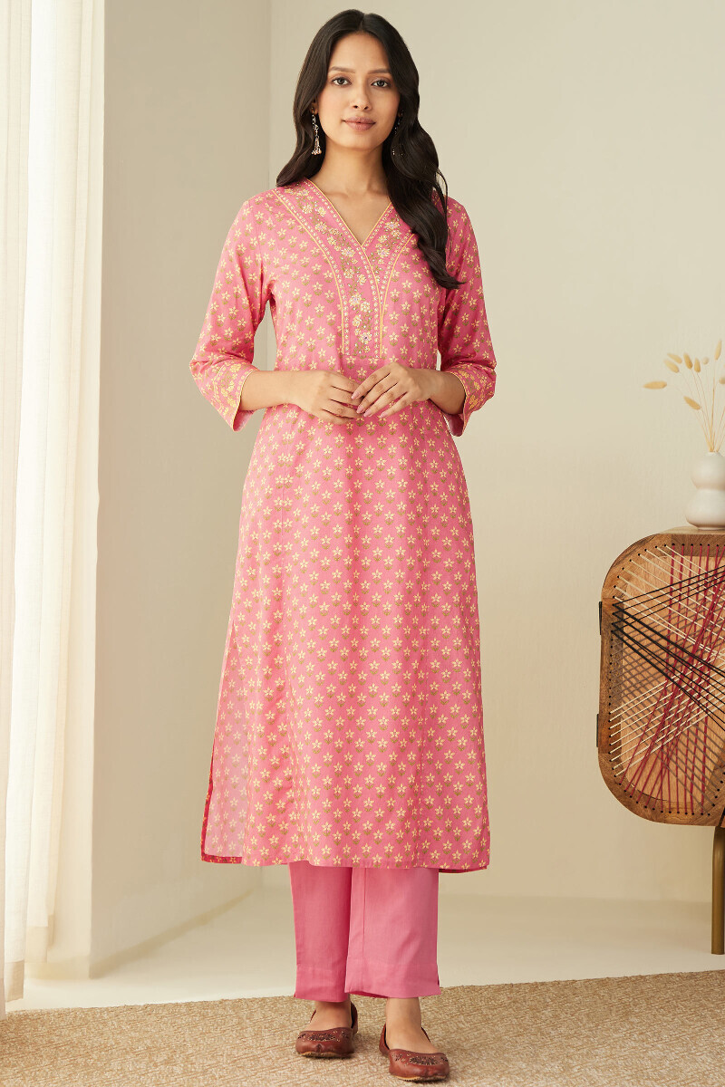 Pink Printed Straight Cotton Kurta
