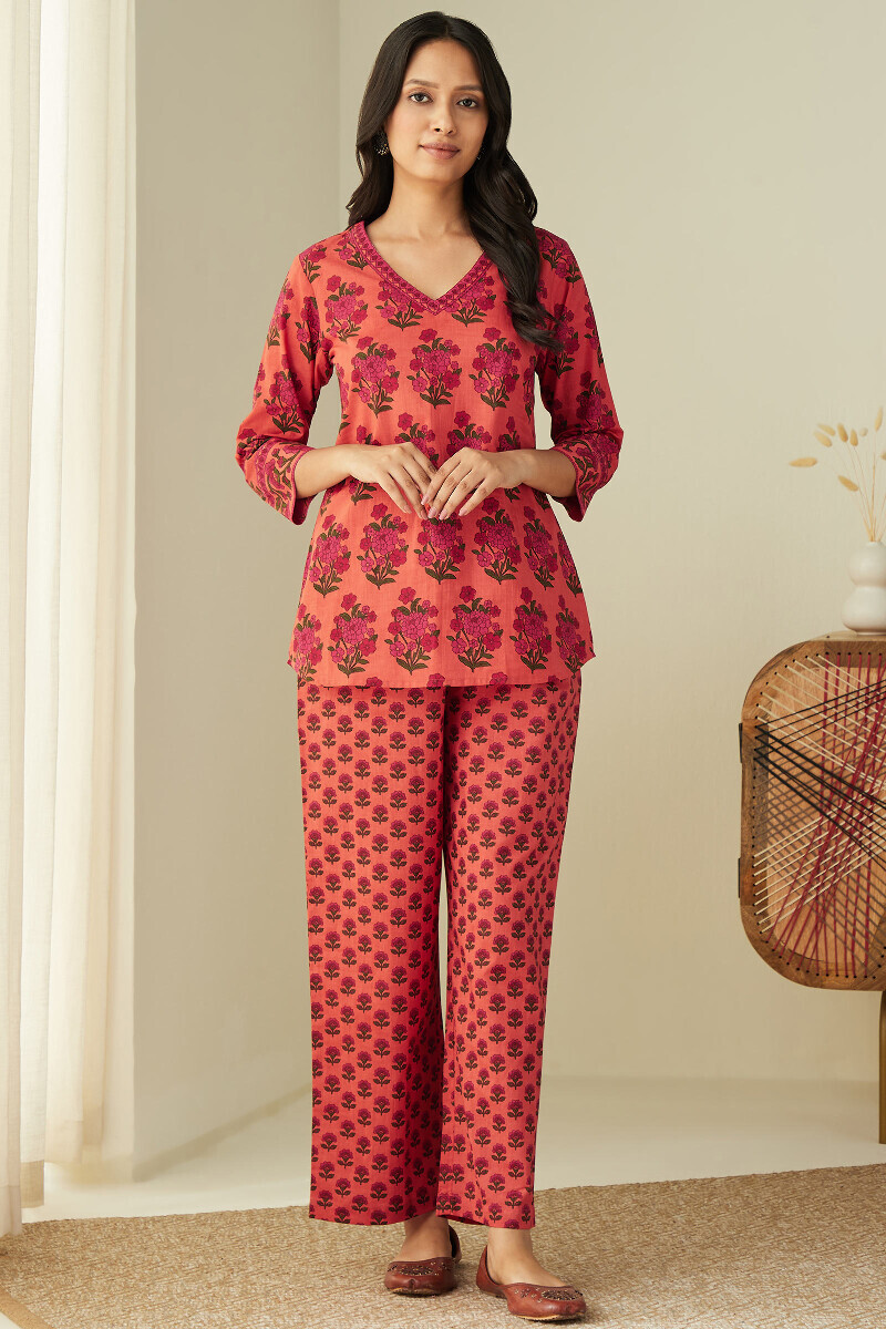 Orange Hand Printed Cotton Loungewear Set