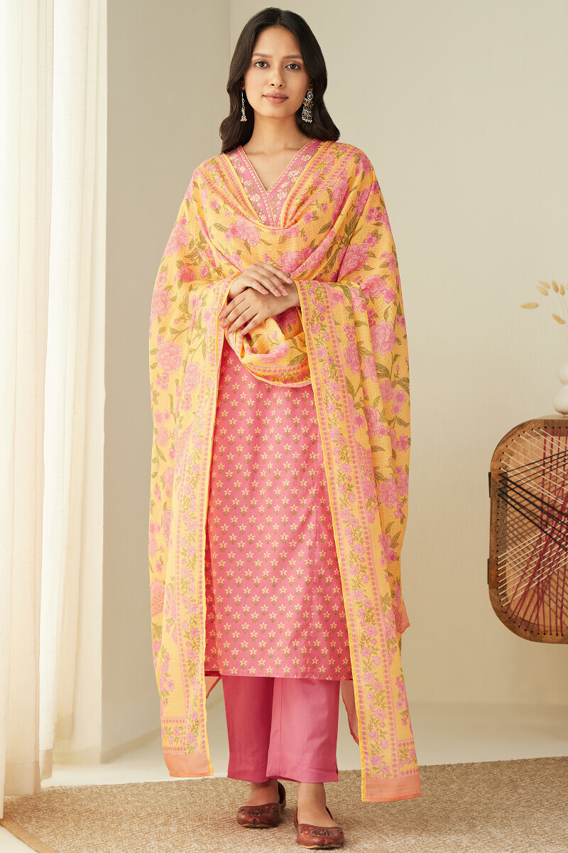 Pink Handcrafted Cotton Narrow Pants