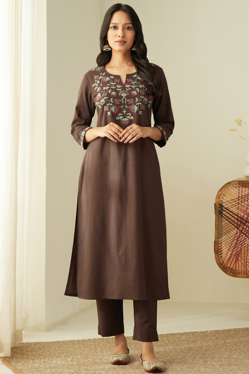 Brown Handcrafted Straight Cotton Flax Kurta