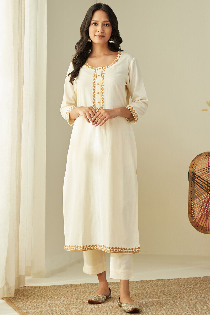 Off-White Handcrafted Straight Cotton Flax Kurta