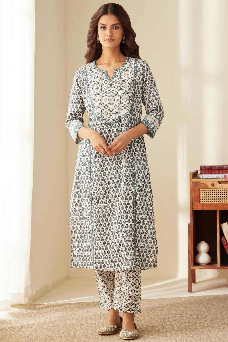 Off-White Hand Printed Straight Cotton Kurta